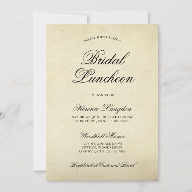 Elegant Vintage Paper Bridal Luncheon Invitation (Front)