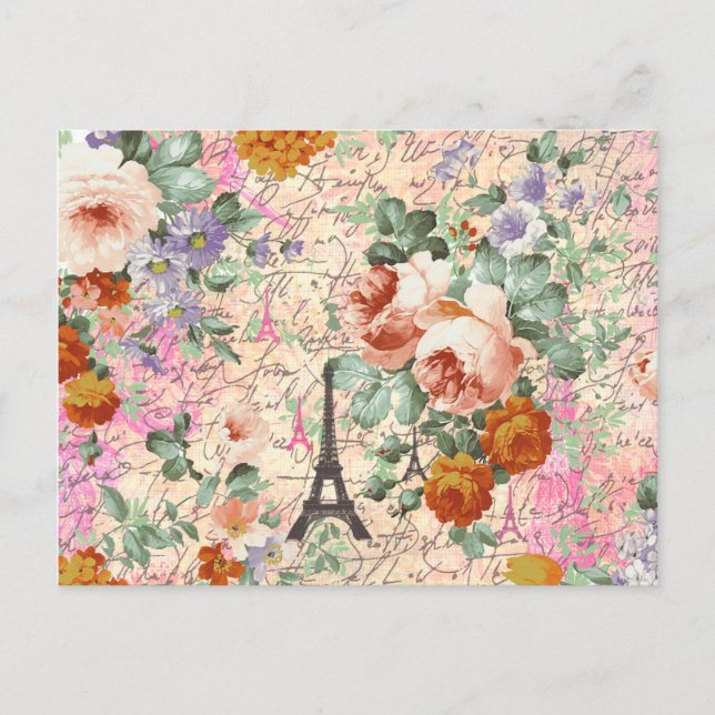 Elegant Vintage Paris Eiffel Tower Cute Roses Postcard (Front)