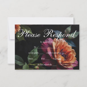 Elegant vintage peachy red floral moody boho RSVP card