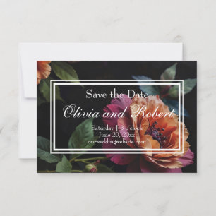 Elegant vintage peachy red floral moody boho save the date