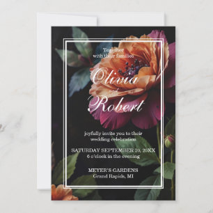 Elegant vintage peachy red floral moody Wedding Invitation