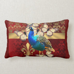 Elegant vintage peacock and red damask lumbar pillow