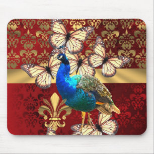 Elegant vintage peacock and red damask mouse pad
