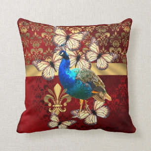 Elegant vintage peacock and red damask throw pillow