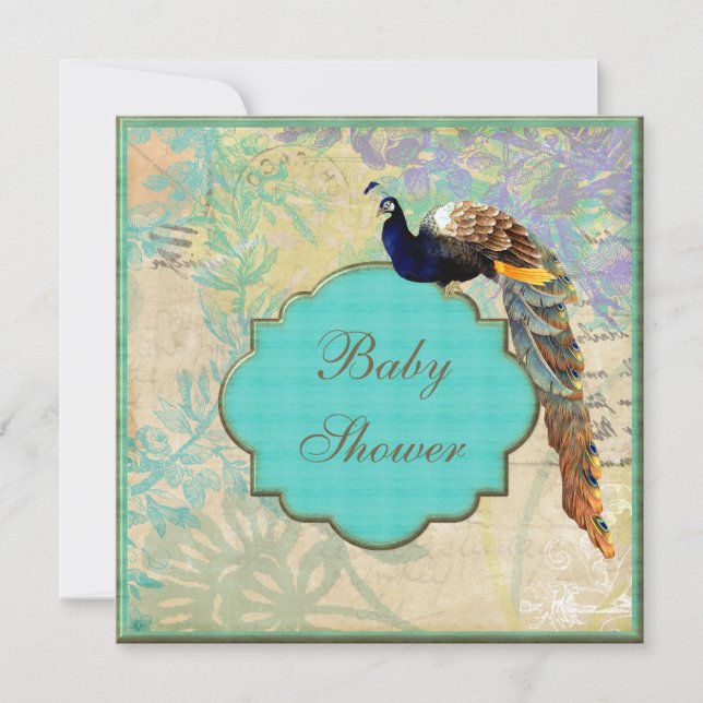 Elegant Vintage Peacock Baby Shower Invitation (Front)