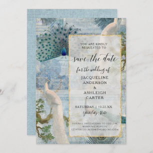 Elegant Vintage Peacock Birds Gold Glitter Script Save The Date