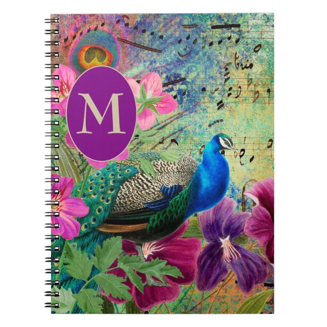 Elegant Vintage Peacock Blue Green Monogram   Notebook (Front)