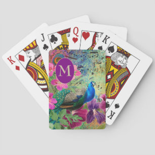 Elegant Vintage Peacock Blue Green Monogram   Playing Cards