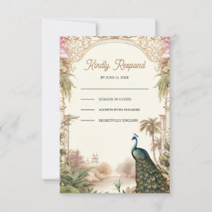 Elegant Vintage Peacock Garden Indian Wedding RSVP Card