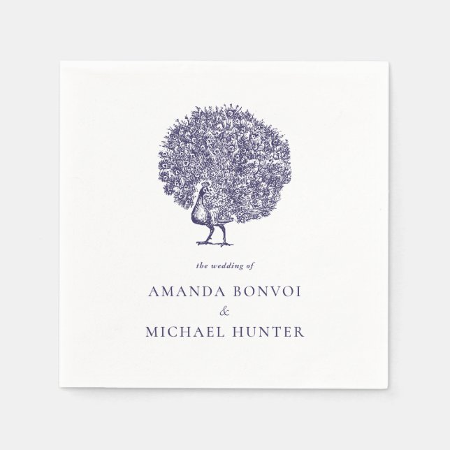 Elegant Vintage Peacock Midnight Blue Wedding Napkin (Front)