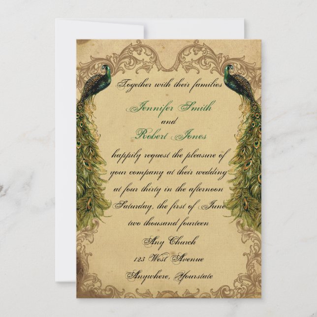 Elegant Vintage Peacock Posh Wedding Invitation (Front)
