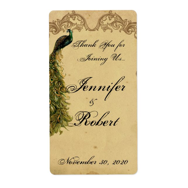 Elegant Vintage Peacock Posh Wedding Wine Label (Front)