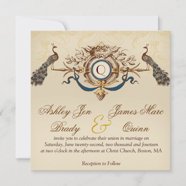 Elegant Vintage Peacock Square Wedding Invitations (Front)