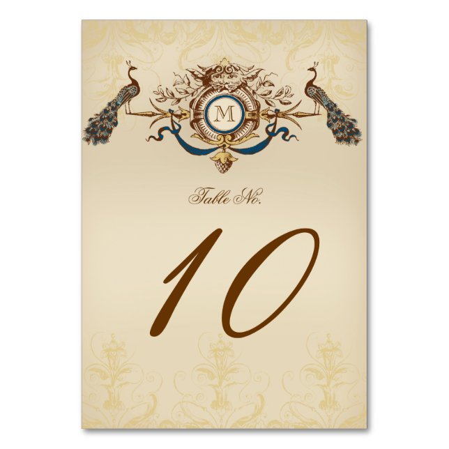 Elegant Vintage Peacock Wedding Table Number (Front)