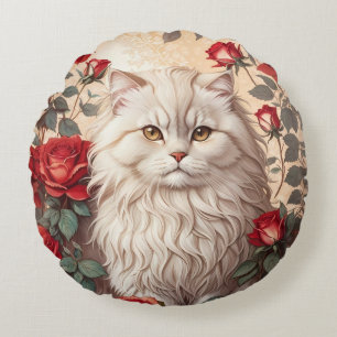Elegant Vintage Persian Cat With Roses Round Pillow