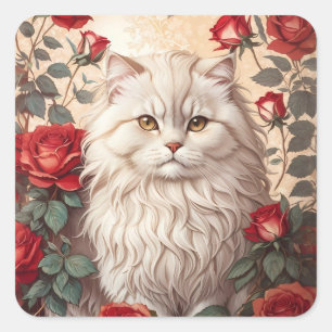 Elegant Vintage Persian Cat With Roses Square Sticker