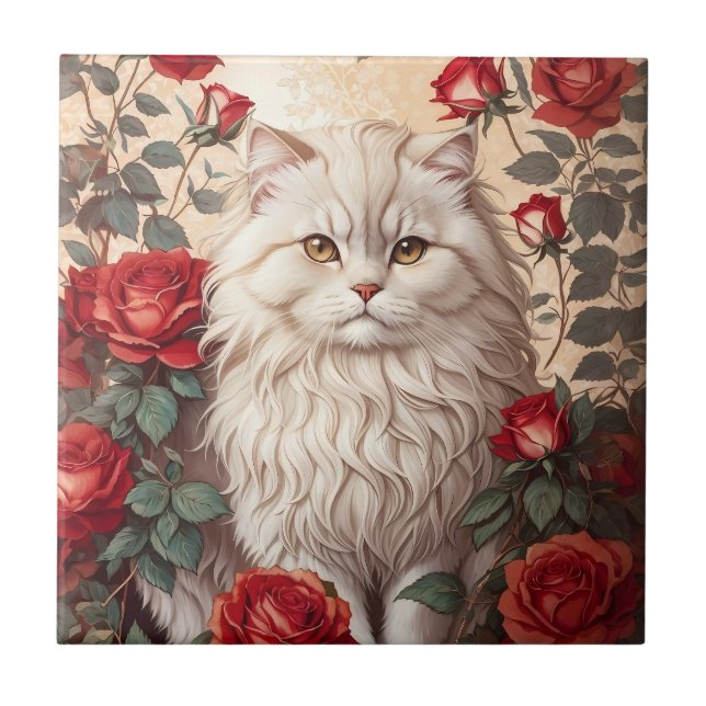 Elegant Vintage Persian Cat With Roses Tile (Front)