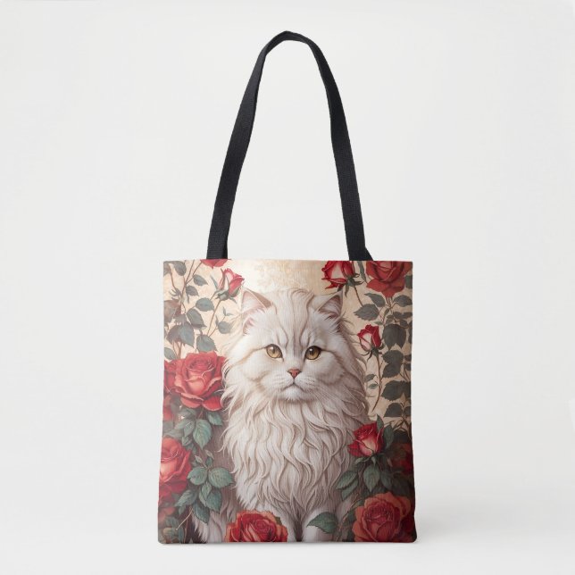 Elegant Vintage Persian Cat With Roses Tote Bag (Front)