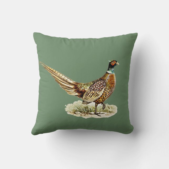Elegant Vintage Pheasant Bird on Green Throw Pillow (Back)