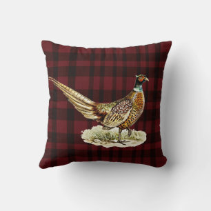 Elegant Vintage Pheasant Bird on Red Plaid Throw Pillow