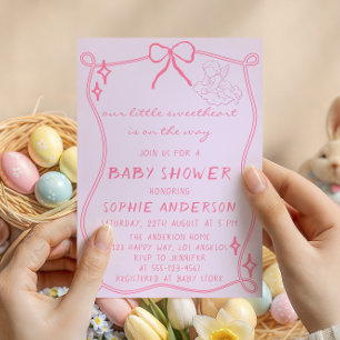 Elegant Vintage Pink Bow Baby Shower Invitation