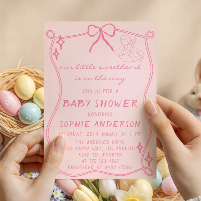 Elegant Vintage Pink Bow Baby Shower Invitation (Creator Uploaded)