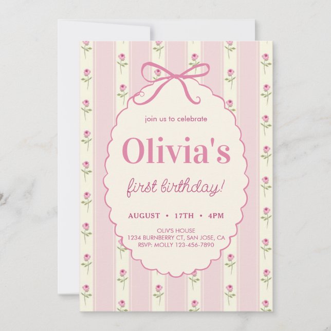 Elegant Vintage Pink Bow Floral Birthday Invitation (Front)