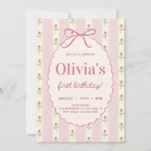 Elegant Vintage Pink Bow Floral Birthday Invitation