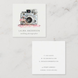 Elegant Vintage Pink Floral Camera Photography  Square Business Card