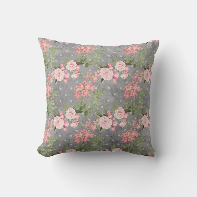 Elegant Vintage Pink Flowers Greenery Grey Throw Pillow (Front)