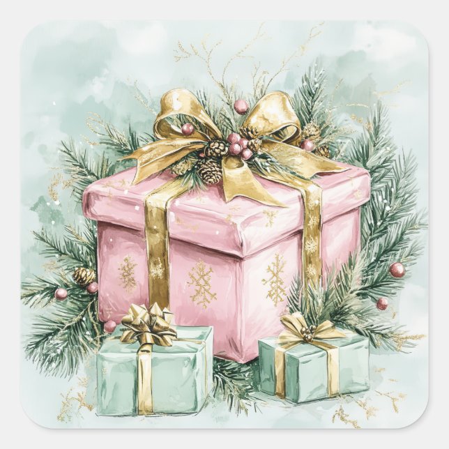 Elegant Vintage Pink Gold Christmas Square Sticker (Front)