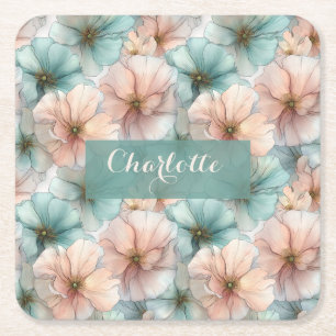 Elegant Vintage Pink & Green Floral Personalized Square Paper Coaster