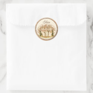 Elegant Vintage Pink Monogram and Yellow Flowers Classic Round Sticker