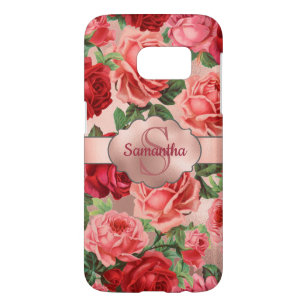 Elegant Vintage Pink Red Roses Floral Monogrammed Samsung Galaxy S7 Case