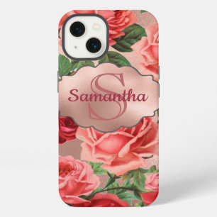Elegant Vintage Pink Red Roses Floral Monogrammed iPhone 13 Case
