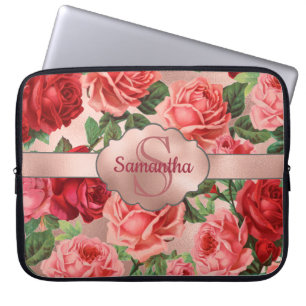 Elegant Vintage Pink Red Roses Floral Monogrammed Laptop Sleeve