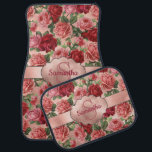Elegant Vintage Pink Red Roses Floral Name Car Mat<br><div class="desc">Chic Elegant Vintage Pink Pale violet red roses floral personalized monogrammed car mats, . Romantic, girly design at the bottom an elegant vintage floral pink, pale violet red roses with green leaves pattern on rose gold background. You can customize with your name and monogram. This girly design is a great...</div>