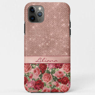 Elegant Vintage Pink Red Roses Floral Name iPhone 11 Pro Max Case