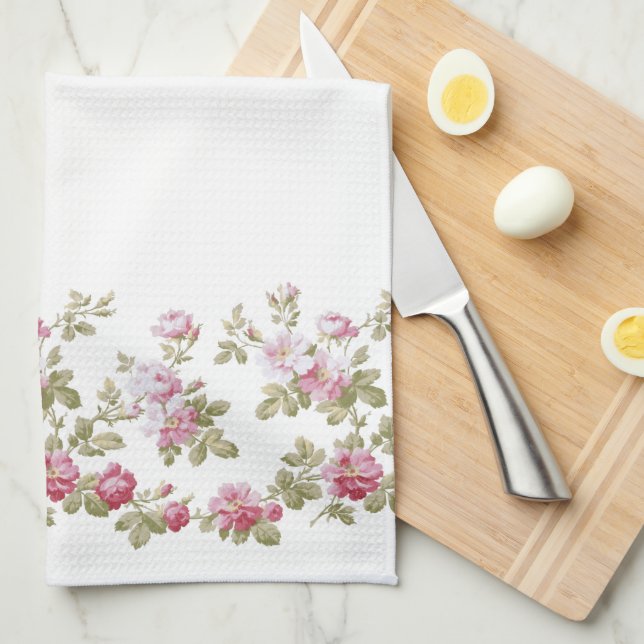 Elegant Vintage Pink Rose Border Kitchen Towel (Quarter Fold)
