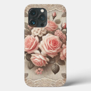 Elegant Vintage Pink Rose Floral with Lace  iPhone 13 Pro Case