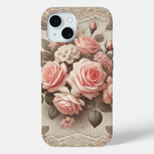 Elegant Vintage Pink Rose Floral with Lace  iPhone 15 Case