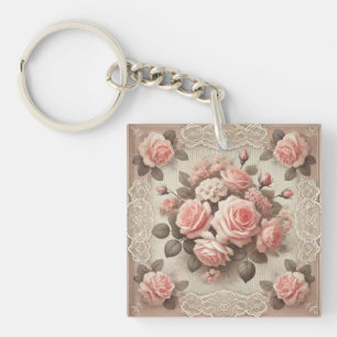 Elegant Vintage Pink Rose Floral with Lace  Keychain