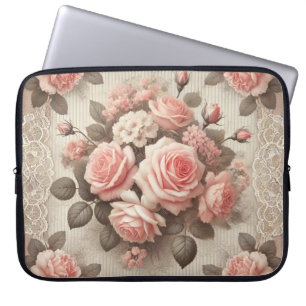Elegant Vintage Pink Rose Floral with Lace  Laptop Sleeve