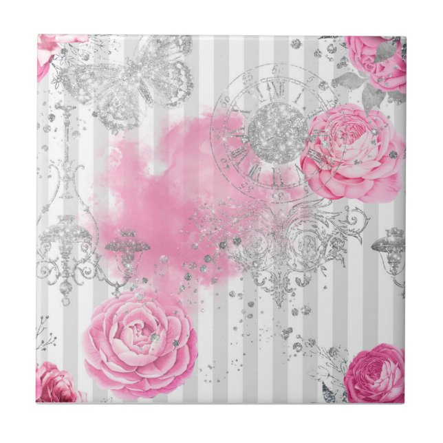Elegant Vintage Pink Rose Silver Glitter Butterfly Tile (Front)