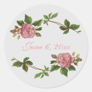 Elegant Vintage Pink Rose with Date Classic Round Sticker