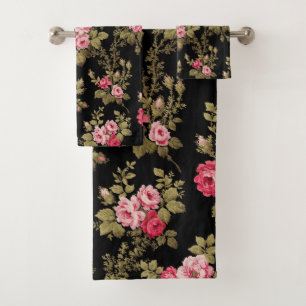 Elegant Vintage Pink Roses-Black Background Bath Towel Set