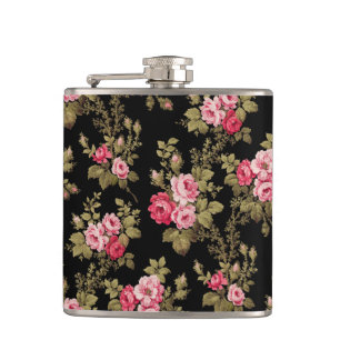 Elegant Vintage Pink Roses-Black Background Hip Flask