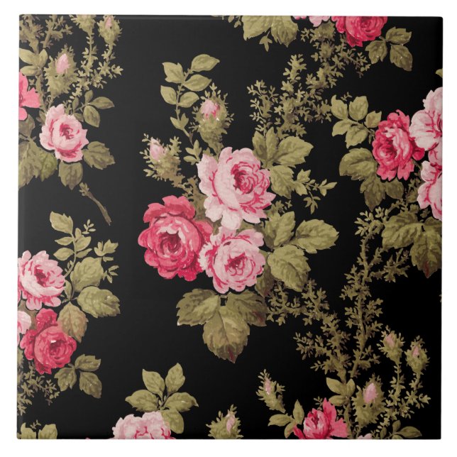 Elegant Vintage Pink Roses-Black Background Tile (Front)