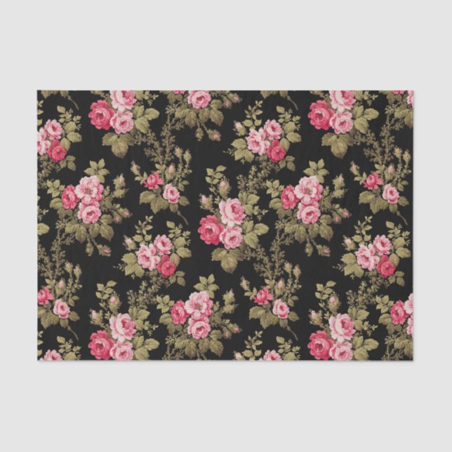 Elegant Vintage Pink Roses-Black Background Tissue Paper (Front)