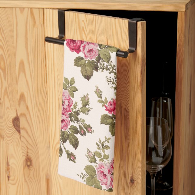 Elegant Vintage Pink Roses-Buff Background Kitchen Towel (Thirds Fold)